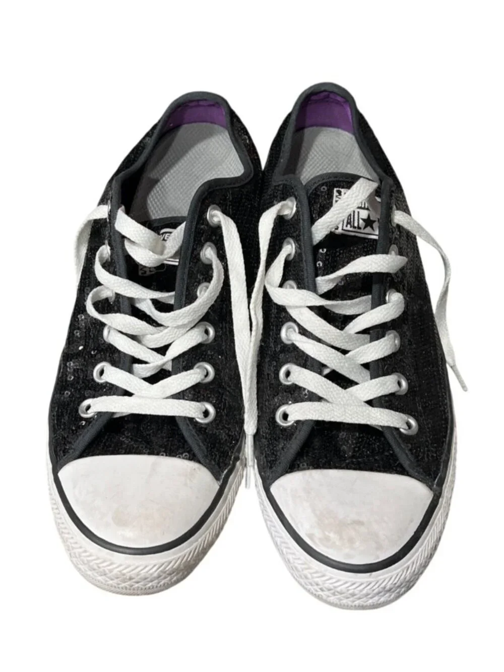 Converse Chuck Taylor All Star Low Top Sneakers Black Sequin Canvas Lace-Up Size - Picture 4 of 8